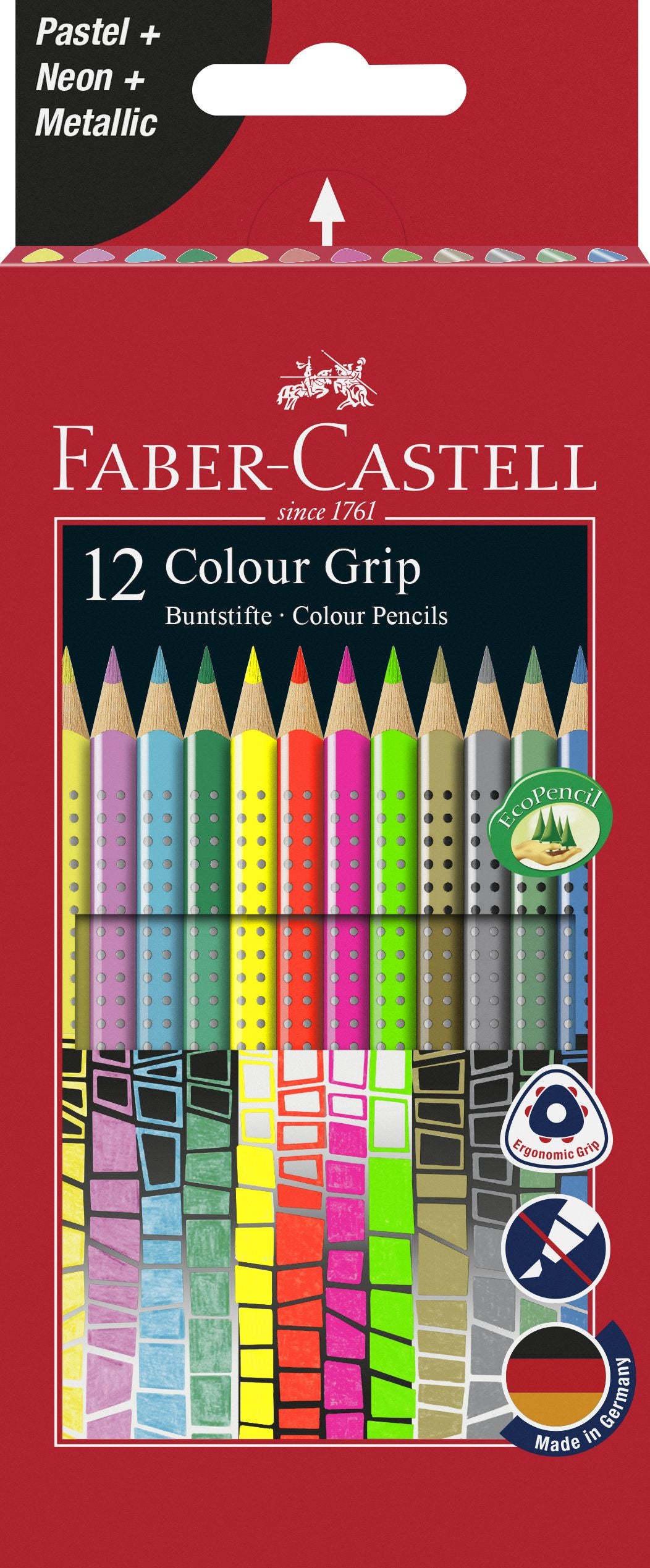 Set de 12 creioane colorate triunghiulare din gama Grip de la Faber-Castell, oferind un mix de culori neon, pastel și metalizate, cu puncte anti-alunecare și spațiu pentru nume