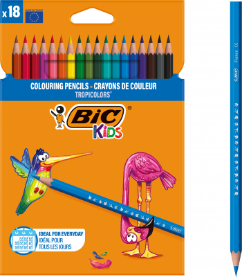 Set de 18 creioane colorate hexagonale marca BIC, realizate din rășină sintetică fără lemn, rezistente la așchiere și mestecare, în culori vii pentru copii de peste 5 ani
