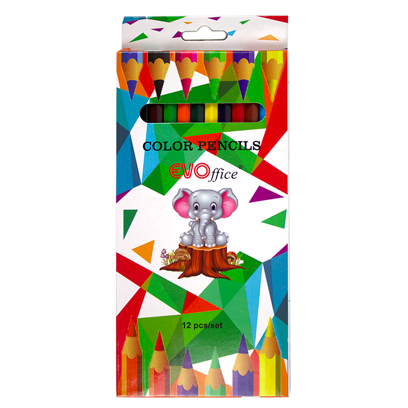 Set de 12 creioane colorate mari de la Evoffice, cu formă hexagonală și lungime de 17.5 cm, cu vârf ascuțit, ambalate în cutie de carton cu fereastră decupată.