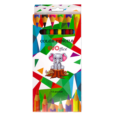 Set de 12 creioane colorate mari de la Evoffice, cu formă hexagonală și lungime de 17.5 cm, cu vârf ascuțit, ambalate în cutie de carton cu fereastră decupată.
