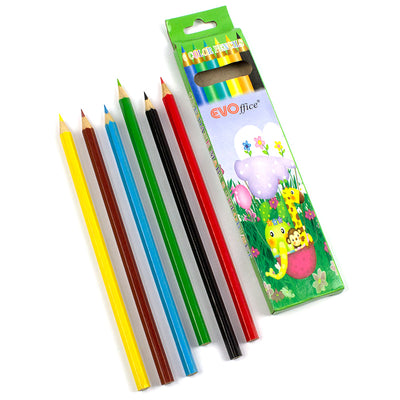 Set compact de 6 creioane colorate mari de la Evoffice, cu formă hexagonală și lungime de 17.5 cm, cu vârf ascuțit, ambalate în cutie de carton cu fereastră decupată