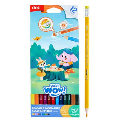 Set de 12 creioane colorate din plastic cu radieră integrată Deli ColorWow, eco-friendly și fără lemn, cu corp hexagonal și mină de 3 mm rezistentă la rupere