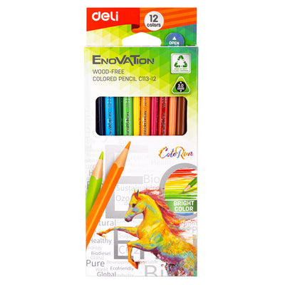 Set de 12 creioane colorate din plastic de la Deli, cu formă ergonomică și mină de 3 mm rezistentă la rupere, realizate în proporție de 80% din material reciclat