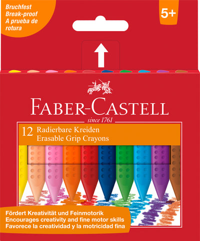 Set de 12 creioane colorate din plastic Grip de la Faber-Castell, cu formă triunghiulară ergonomică, puncte anti-alunecare și culori ștergibile care nu pătează mâinile