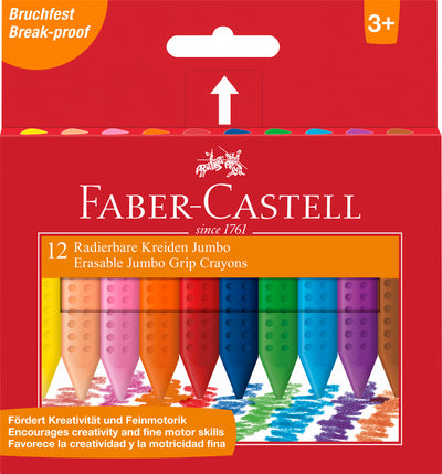 Set de 12 creioane colorate din plastic Jumbo Grip de la Faber-Castell, cu formă triunghiulară groasă pentru copii, puncte ergonomice anti-alunecare și culori ștergibile care nu pătează mâinile