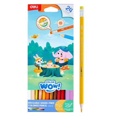 Set extins de 24 de creioane colorate din plastic cu radieră integrată Deli ColorWow, eco-friendly și fără lemn, cu corp hexagonal și mină de 3 mm rezistentă la rupere