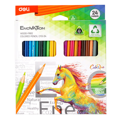 Set extins de 24 de creioane colorate din plastic de la Deli, cu formă ergonomică și mină de 3 mm rezistentă la rupere, realizate în proporție de 80% din material reciclat
