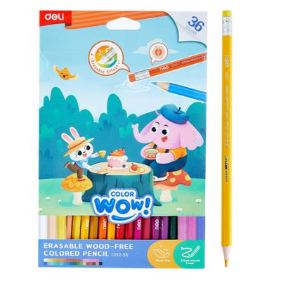 Set extins de 36 de creioane colorate din plastic cu radieră integrată Deli ColorWow, eco-friendly și fără lemn, cu corp hexagonal și mină robustă de 3 mm rezistentă la rupere