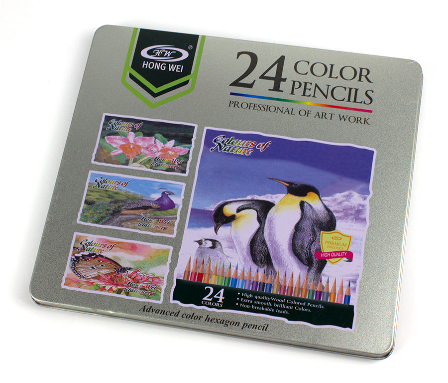Set de 24 de creioane colorate superioare cu formă hexagonală, finisate cu vopsea pe bază de apă și ambalate într-o cutie metalică elegantă
