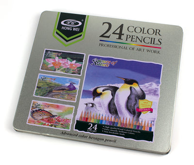 Set de 24 de creioane colorate superioare cu formă hexagonală, finisate cu vopsea pe bază de apă și ambalate într-o cutie metalică elegantă