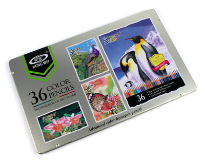 Set extins de 36 de creioane colorate superioare cu formă hexagonală, finisate cu vopsea pe bază de apă și aranjate într-o cutie metalică elegantă