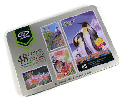 Set profesional de 48 de creioane colorate superioare cu formă hexagonală, inclusiv culoare aurie, finisate cu vopsea pe bază de apă și aranjate elegant într-o cutie metalică