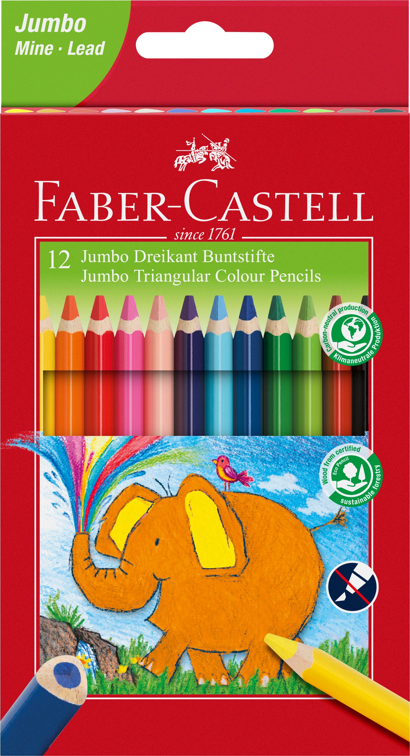 Set de 12 creioane colorate groase model Jumbo de la Faber-Castell, cu formă triunghiulară ergonomică, mină masivă de 5.4 mm și tehnologie specială SV anti-rupere