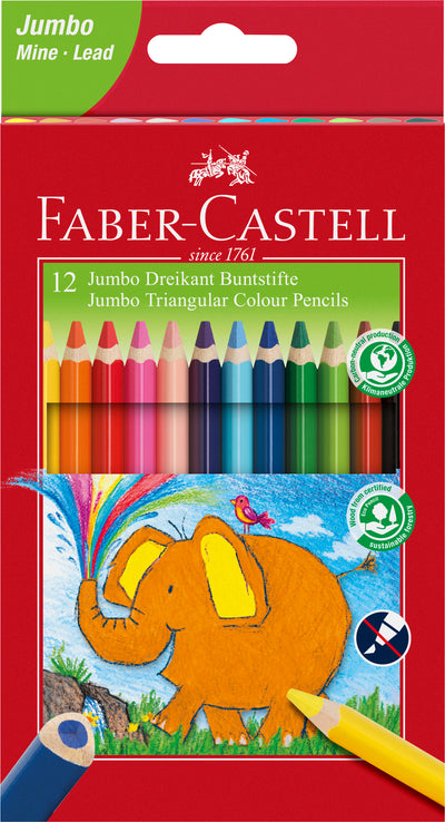 Set de 12 creioane colorate groase model Jumbo de la Faber-Castell, cu formă triunghiulară ergonomică, mină masivă de 5.4 mm și tehnologie specială SV anti-rupere