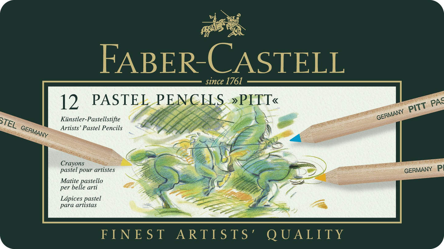Set profesional de 12 creioane pastel Pitt de la Faber-Castell, fără ceară, cu mină extra-groasă de 4.3 mm și rezistență înaltă la lumină indicată prin steluțe.