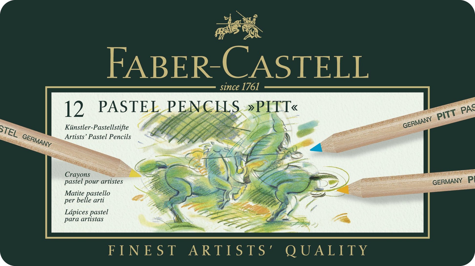 Set profesional de 12 creioane pastel Pitt de la Faber-Castell, fără ceară, cu mină extra-groasă de 4.3 mm și rezistență înaltă la lumină indicată prin steluțe.