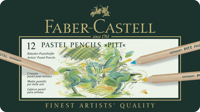 Set profesional de 12 creioane pastel Pitt de la Faber-Castell, fără ceară, cu mină extra-groasă de 4.3 mm și rezistență înaltă la lumină indicată prin steluțe.