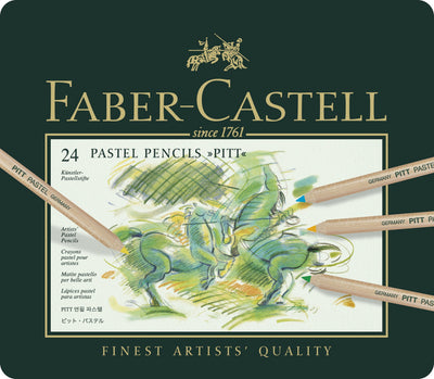 Set profesional de 24 de creioane pastel Pitt de la Faber-Castell, fără ulei, cu mină extra-groasă de 4.3 mm, aranjate elegant într-o cutie metalică de protecție.
