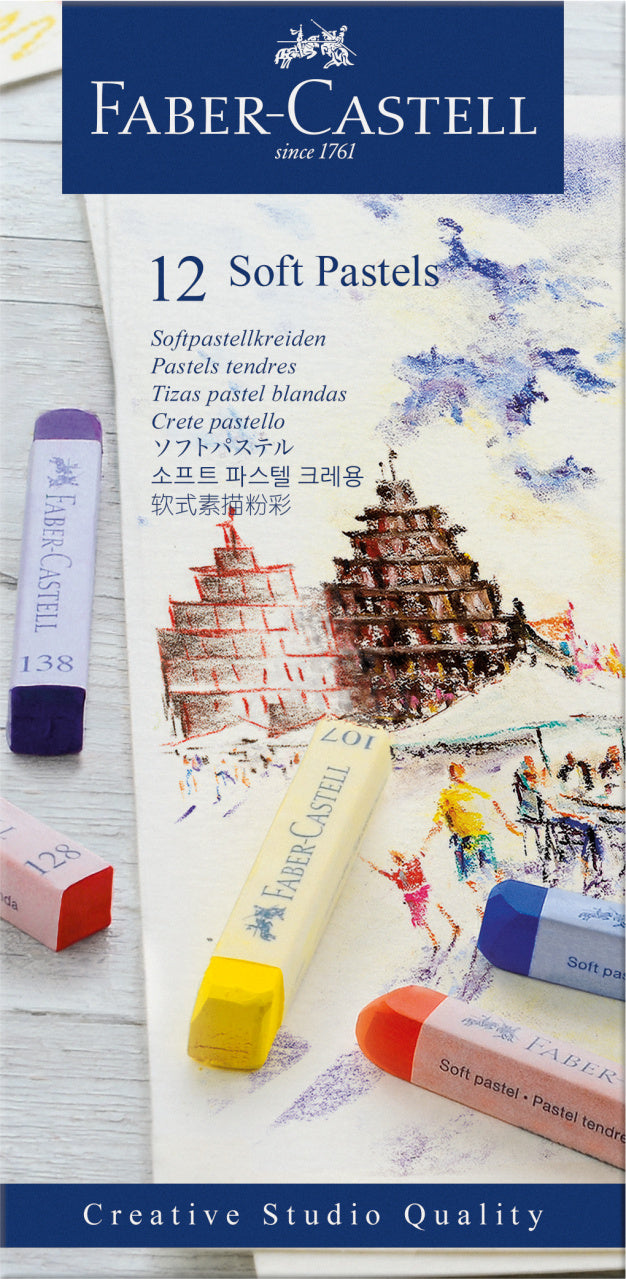 Set de 12 culori pentru desen neted din gama de pasteluri soft Faber-Castell, ambalate în cutie de carton, ideale pentru tehnici de estompare și blending.