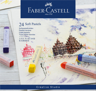 Set de 24 de culori din gama de pasteluri soft moi Faber-Castell, ideale pentru mixare ușoară, cu pigmenți intensi și textură mătăsoasă, fără acizi.
