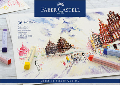 Set extins de 36 de culori din gama de pasteluri soft Faber-Castell, de dimensiune standard și lungime ideală, potrivite pentru desen neted pe suport de hârtie