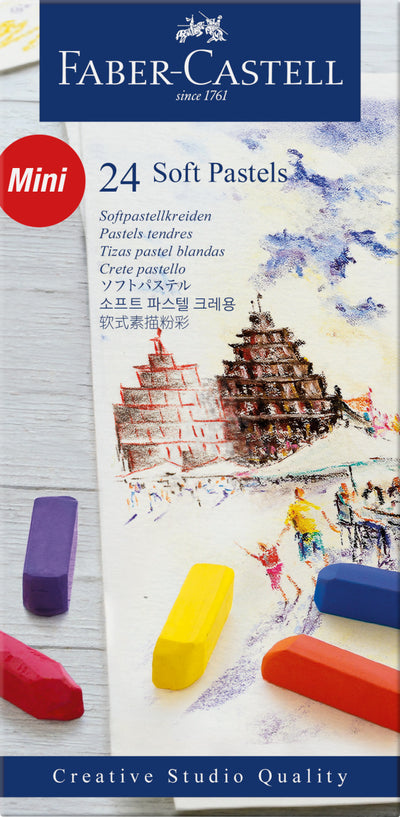 Set de 24 de culori din gama de pasteluri soft Mini de la Faber-Castell, cu lungime redusă la jumătate din standard, ideale pentru desen neted și tehnici de estompare pentru începători