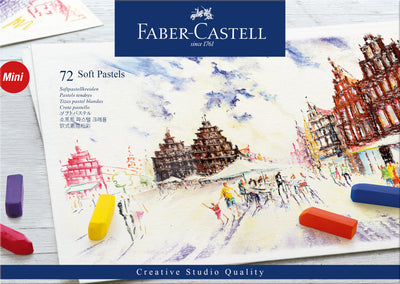 Set suprem de 72 de culori din gama de pasteluri soft Mini de la Faber-Castell, cu lungime redusă la jumătate din standard, ideale pentru desen neted și tehnici de estompare pentru începători