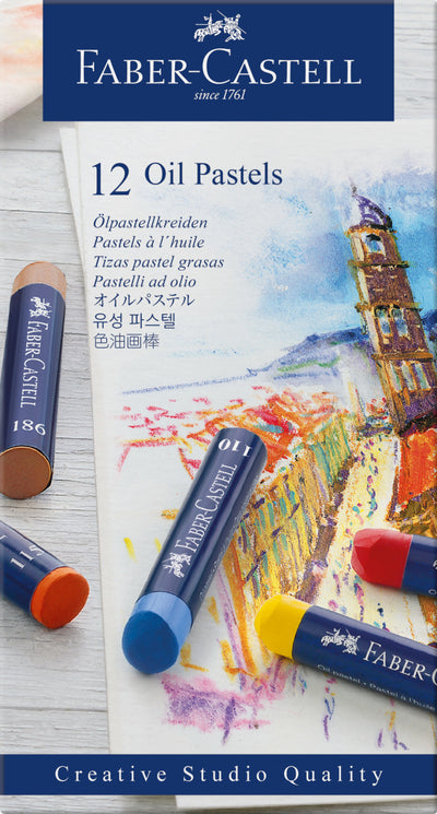 Set de 12 creioane ulei pastel permanente de la Faber-Castell, aplicare ușoară, potrivite pentru amestecarea culorilor și tehnici de dizolvare cu alcool