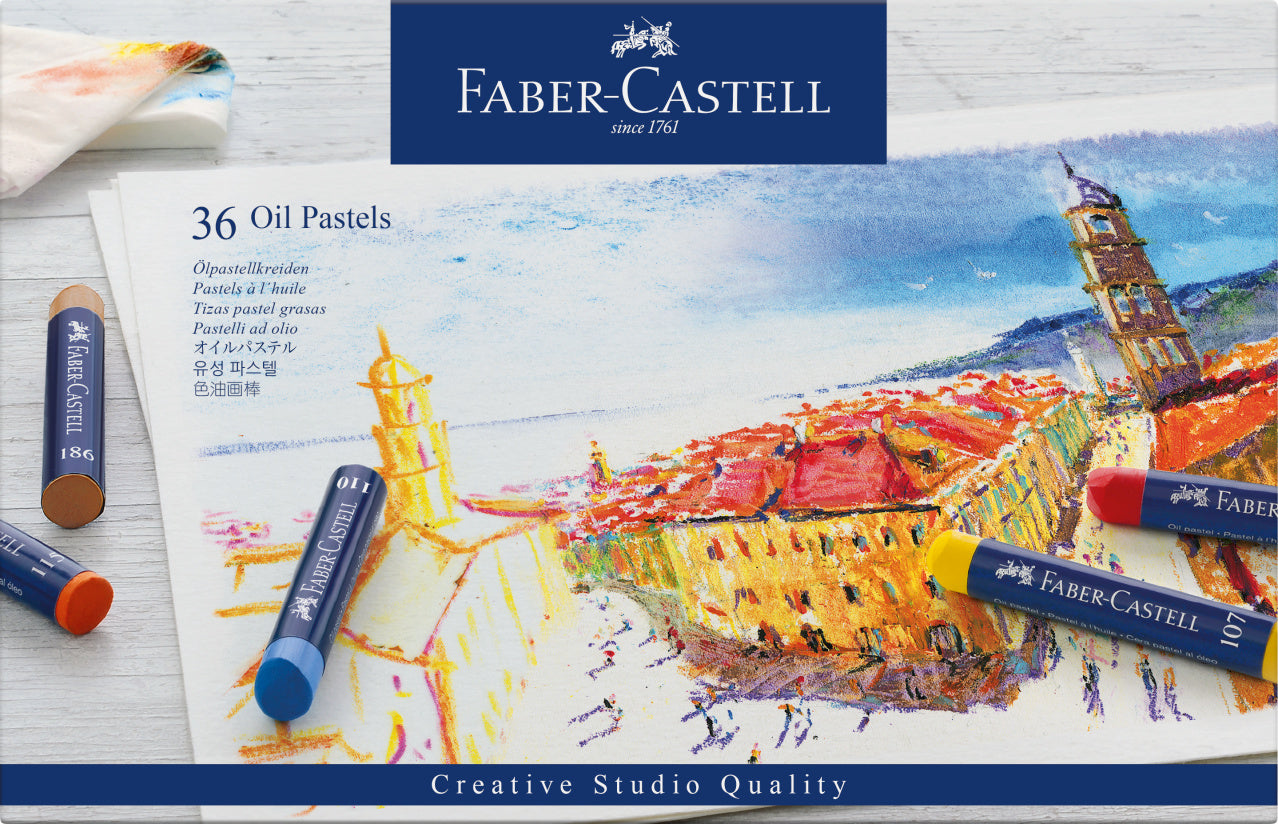 Set complet de 36 de creioane ulei pastel permanente de la Faber-Castell, oferind o aplicare ușoară, posibilități nelimitate de amestecare și solubilitate în alcool.