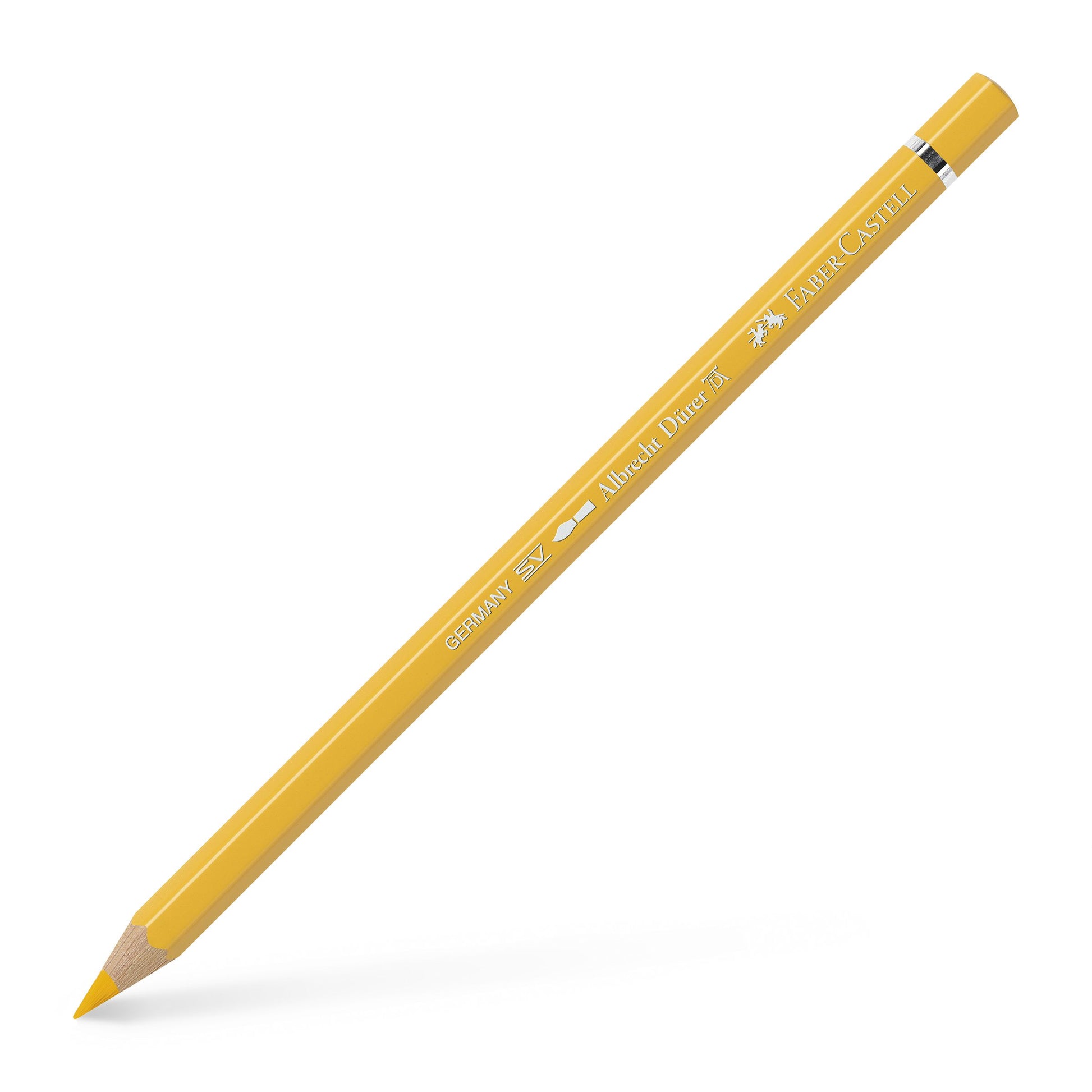 Creion colorat acuarelabil profesional Albrecht Dürer Faber-Castell în nuanța vibrantă Galben Cadmiu Închis 108, cu mină groasă de 3.8 mm și pigmenți superiori perfect solubili în apă