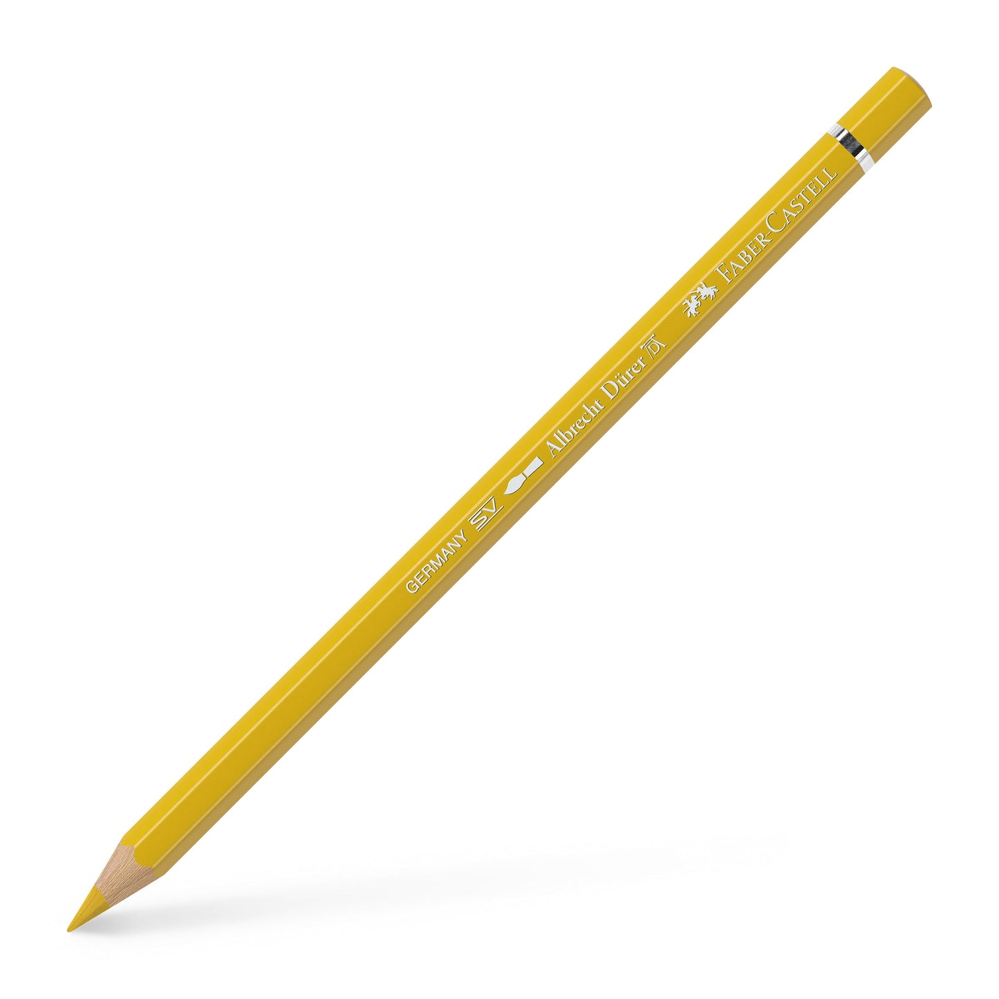 Creion colorat acuarelabil profesional Albrecht Dürer Faber-Castell în nuanța pământie Galben Napolitan Închis 184, cu mină groasă de 3.8 mm și pigmenți superiori calzi perfect solubili în apă.