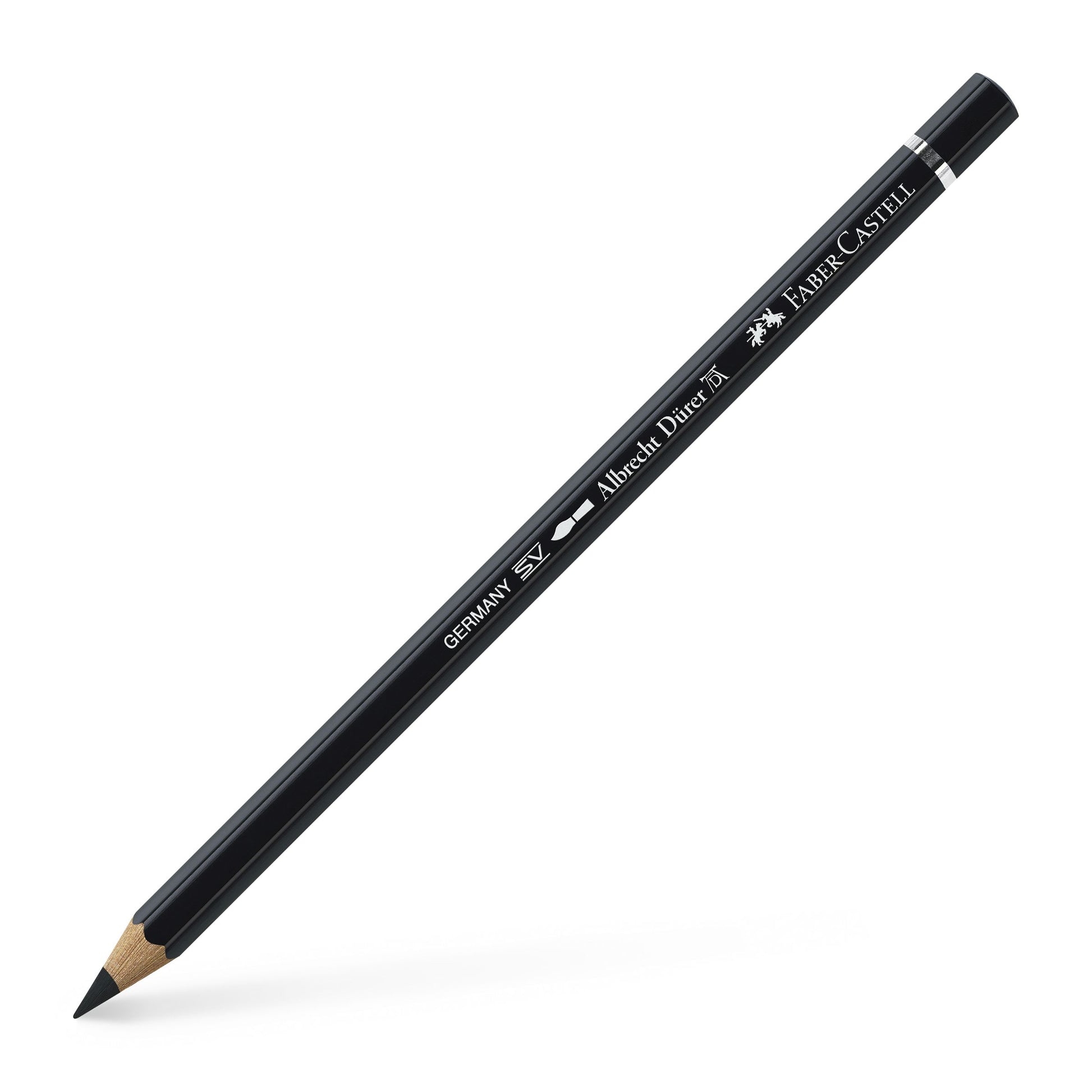 Creion colorat acuarelabil profesional Albrecht Dürer Faber-Castell în nuanța intensă Negru 199, cu mină groasă de 3.8 mm și pigmenți superiori perfect solubili în apă