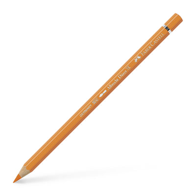 Creion colorat acuarelabil profesional Albrecht Dürer Faber-Castell în nuanța vibrantă Oranj Cadmiu 111, cu mină groasă de 3.8 mm și pigmenți superiori perfect solubili în apă
