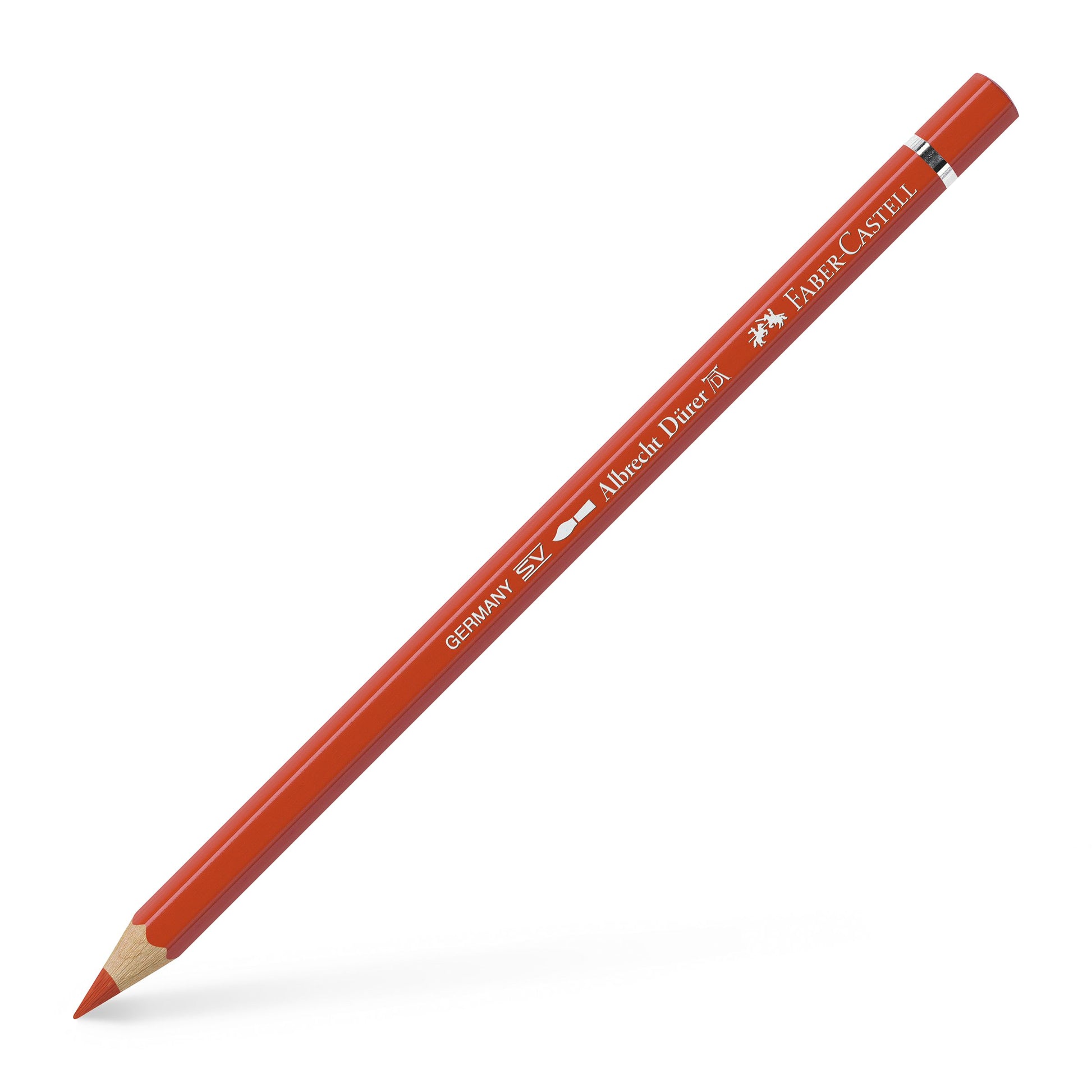 Creion colorat acuarelabil profesional Albrecht Dürer Faber-Castell în nuanța radiantă Oranj Cadmiu Deschis 117, cu mină groasă de 3.8 mm și pigmenți superiori perfect solubili în apă