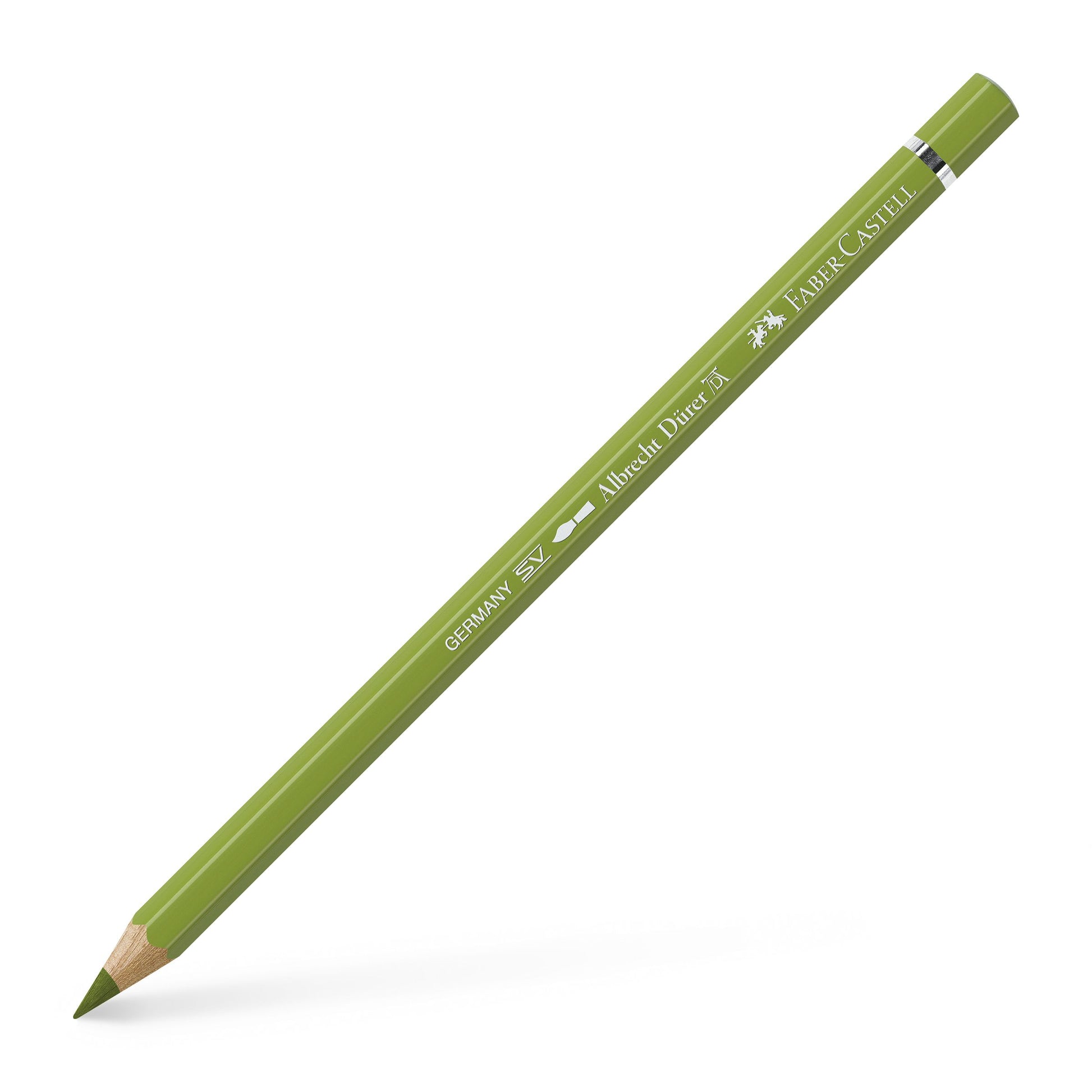 Creion colorat acuarelabil profesional Albrecht Dürer Faber-Castell în nuanța organică Verde Gălbui-Pământiu 168, cu mină groasă de 3.8 mm și pigmenți superiori perfect solubili în apă