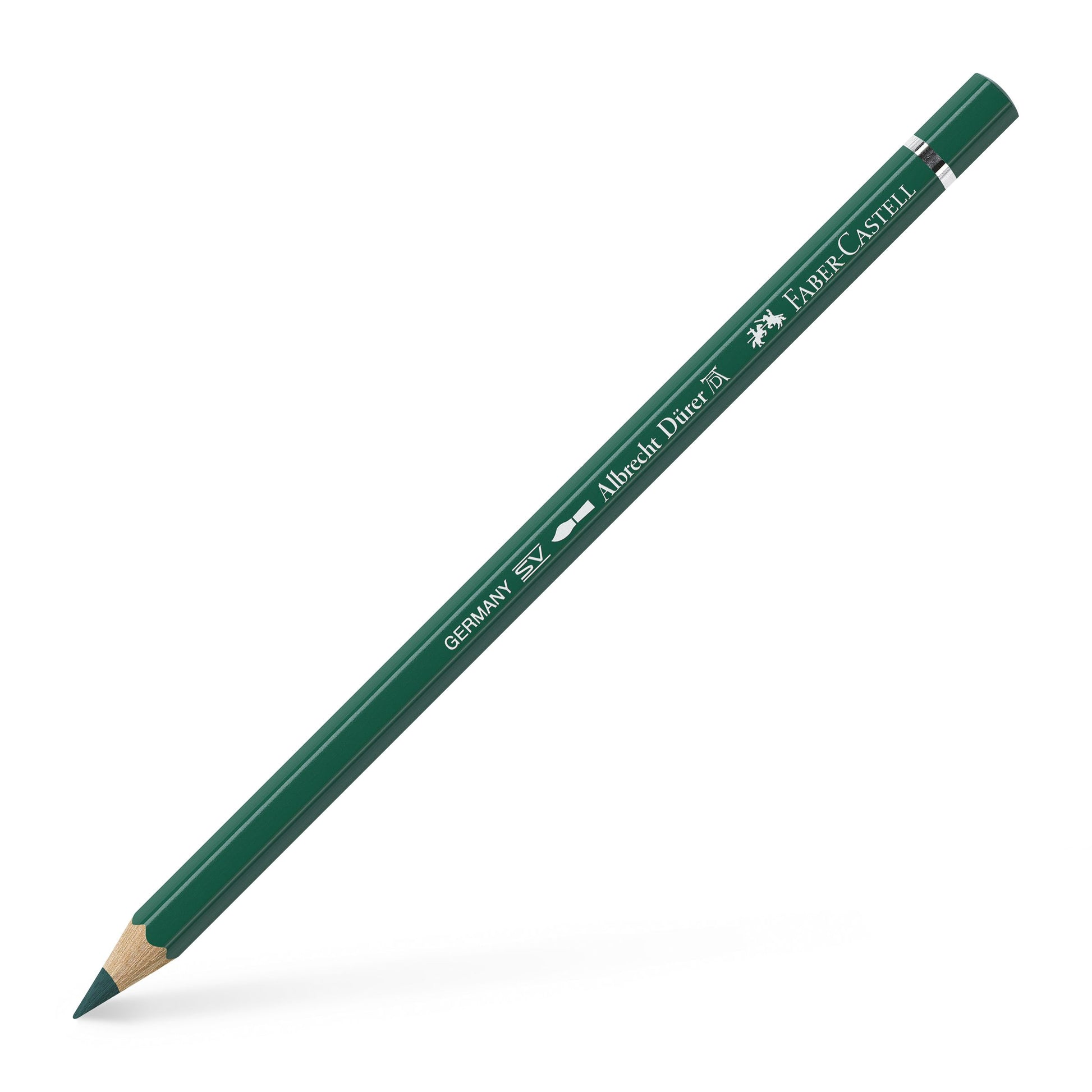 Creion colorat acuarelabil profesional Albrecht Dürer Faber-Castell în nuanța naturală Verde Hookers 159, cu mină groasă de 3.8 mm și pigmenți superiori perfect solubili în apă