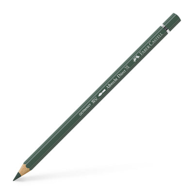 Creion colorat acuarelabil profesional Albrecht Dürer Faber-Castell în nuanța naturală Verde Ienupăr 165, cu mină groasă de 3.8 mm și pigmenți superiori perfect solubili în apă.