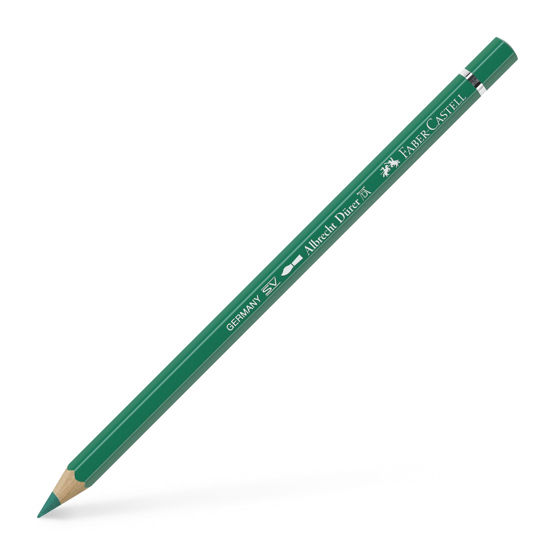 Creion colorat acuarelabil profesional Albrecht Dürer Faber-Castell în nuanța densă Verde Phthalo Închis 264, cu mină groasă de 3.8 mm și pigmenți superiori perfect solubili în apă
