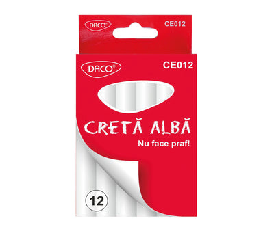 Set 12 bucăți cretă albă rotundă Daco anti-praf, ideală pentru tablă.