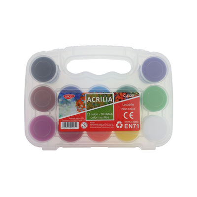 Set 12 culori acrilice Acrilia DACO CU320 tuburi 20 ml in cutie de plastic pentru pictura pe panza lemn si proiecte scolare