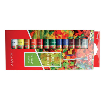 Set 12 culori acrilice DACO CU312 tuburi mici 12 ml pentru scoala hobby pictura pe panza lemn si proiecte decorative