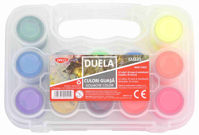 Set culori guasa DACO Duela CU221 cu 6 nuanțe neon și 6 metalizate borcănele 20 ml lavabile și non-toxice pentru copii