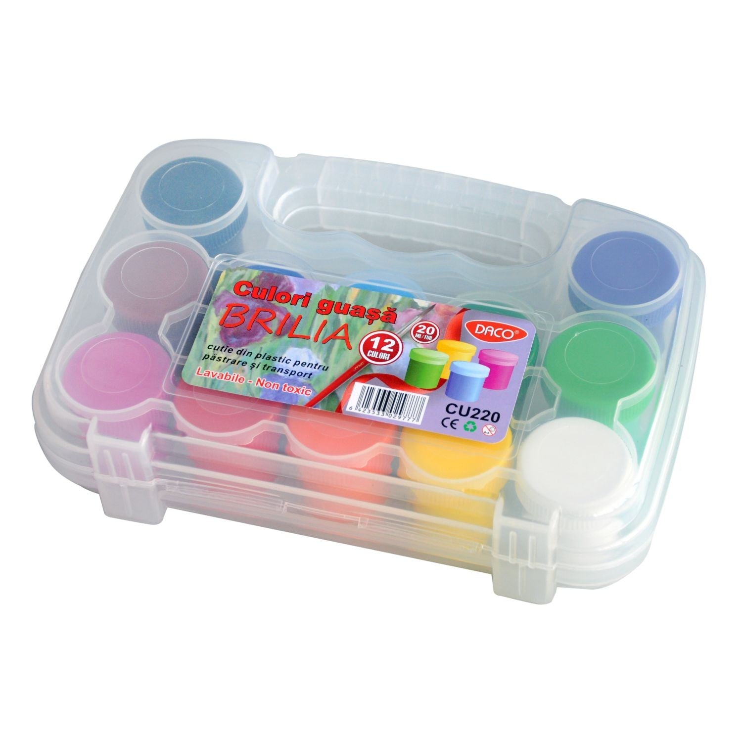 Set 12 culori lavabile DACO Brilia CU220 borcanele 20 ml non-toxice pentru copii pictura scoala si gradinita