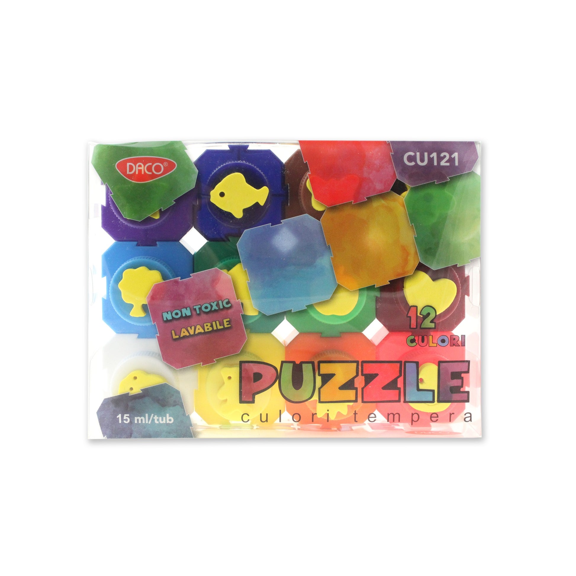 Set 12 culori tempera DACO Puzzle tuburi 15 ml cu capace stampila din spuma lavabile si non-toxice pentru activitati creative copii