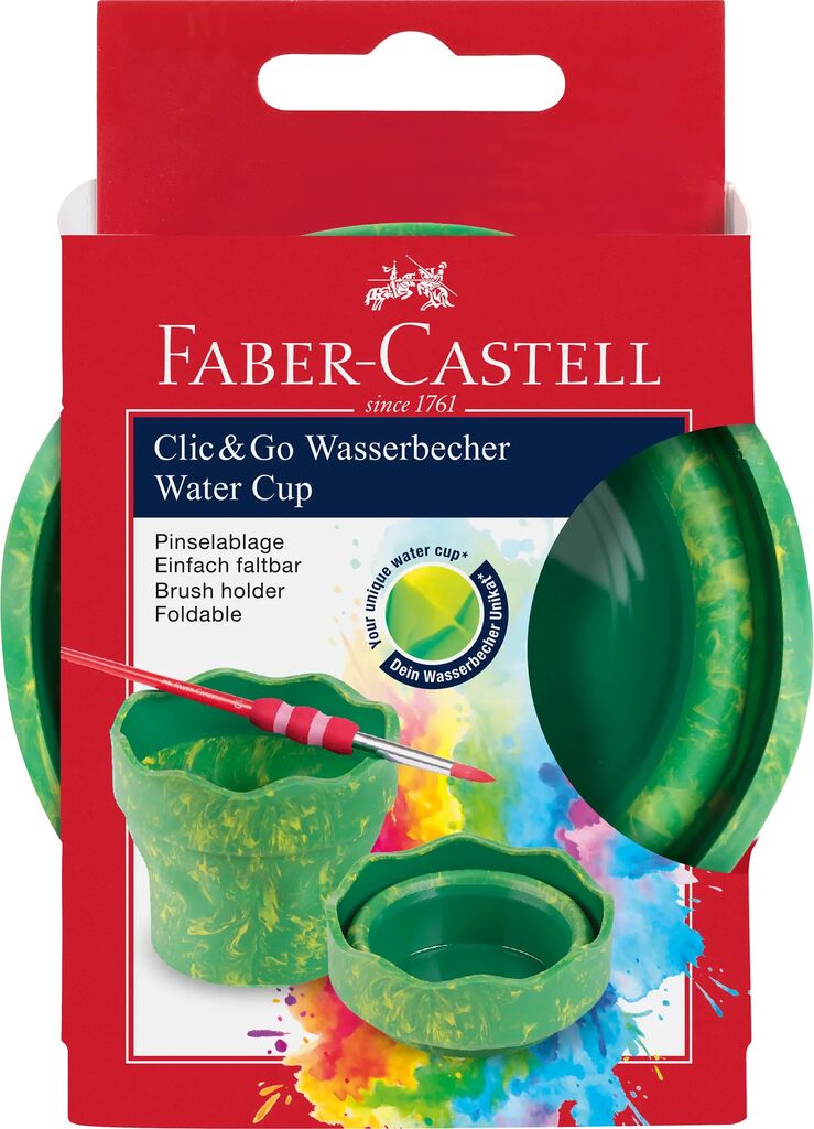 Cutie pentru apă pliabilă Click&Go Faber-Castell verde marmorat cu model dinozauri și suport pentru pensule.