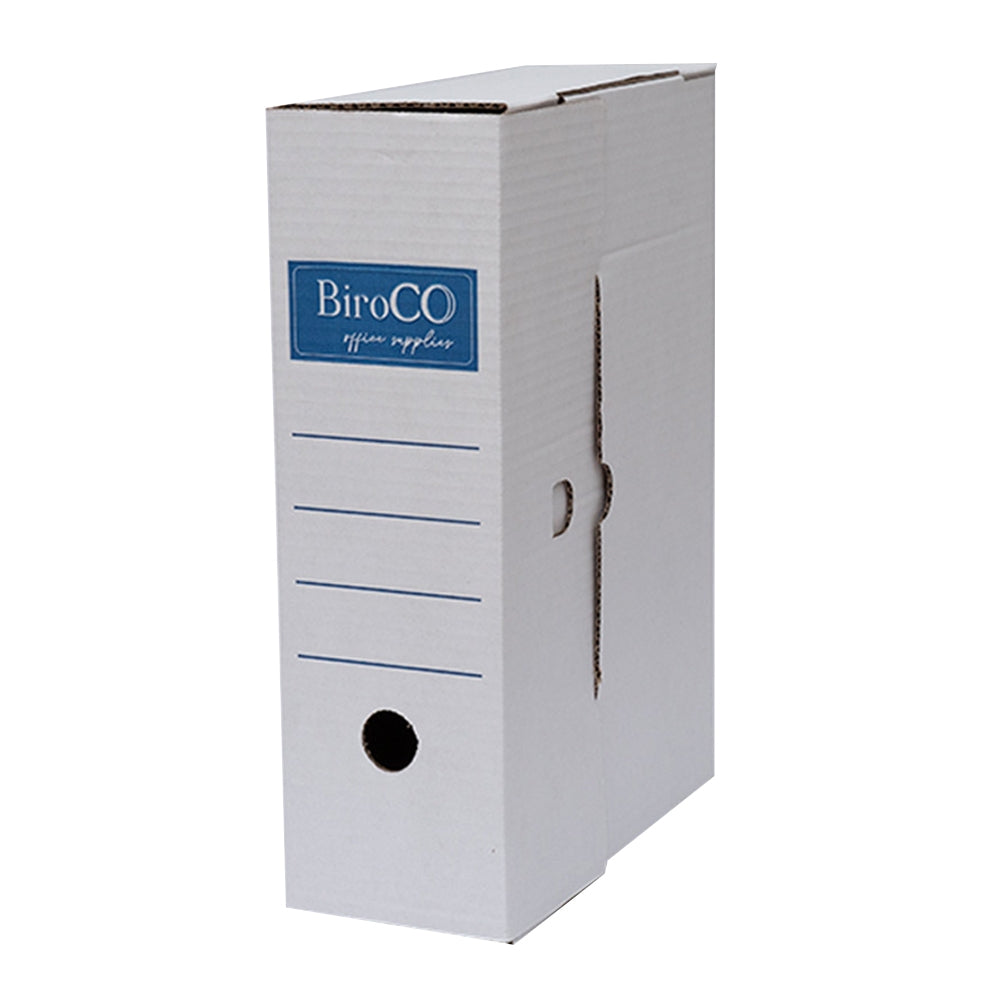 Cutie de arhivare din carton cu cotor de 15 cm, stabilă, ideală pentru stocarea documentelor A4, cu decupaj pentru manipulare facilă și suprafață pentru notițe.