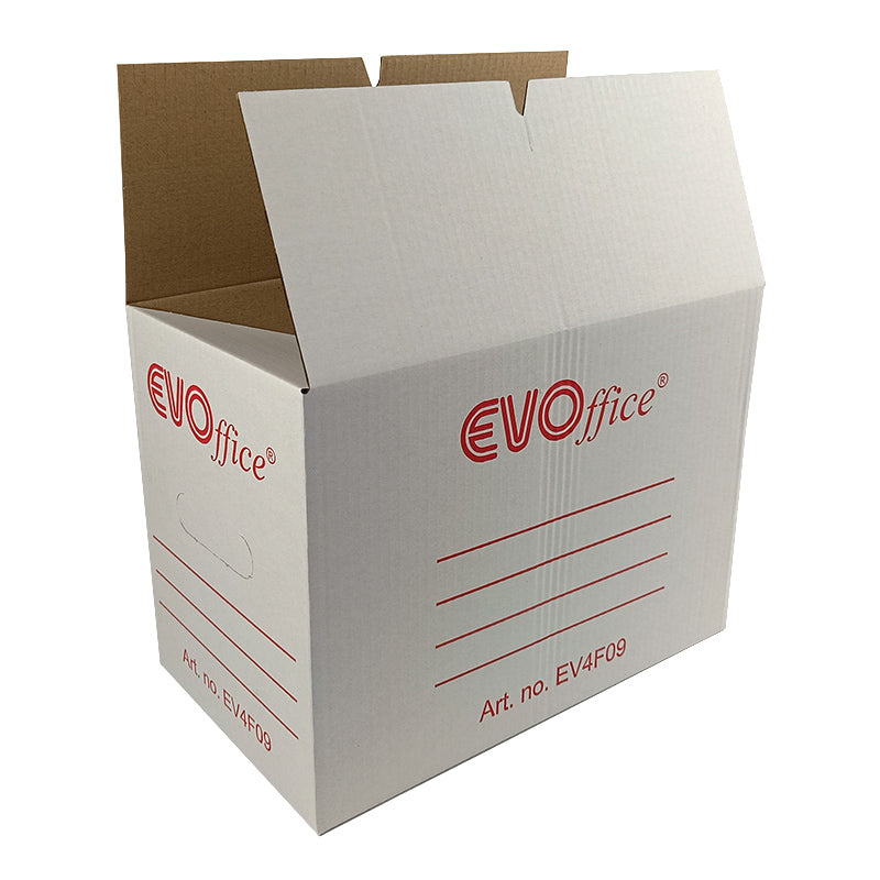 Cutie de arhivare albă EVOffice cu mânere perforate, din carton ondulat, dimensiuni 350x255x200 mm, certificată FSC, ideală pentru transportul ușor al documentelor