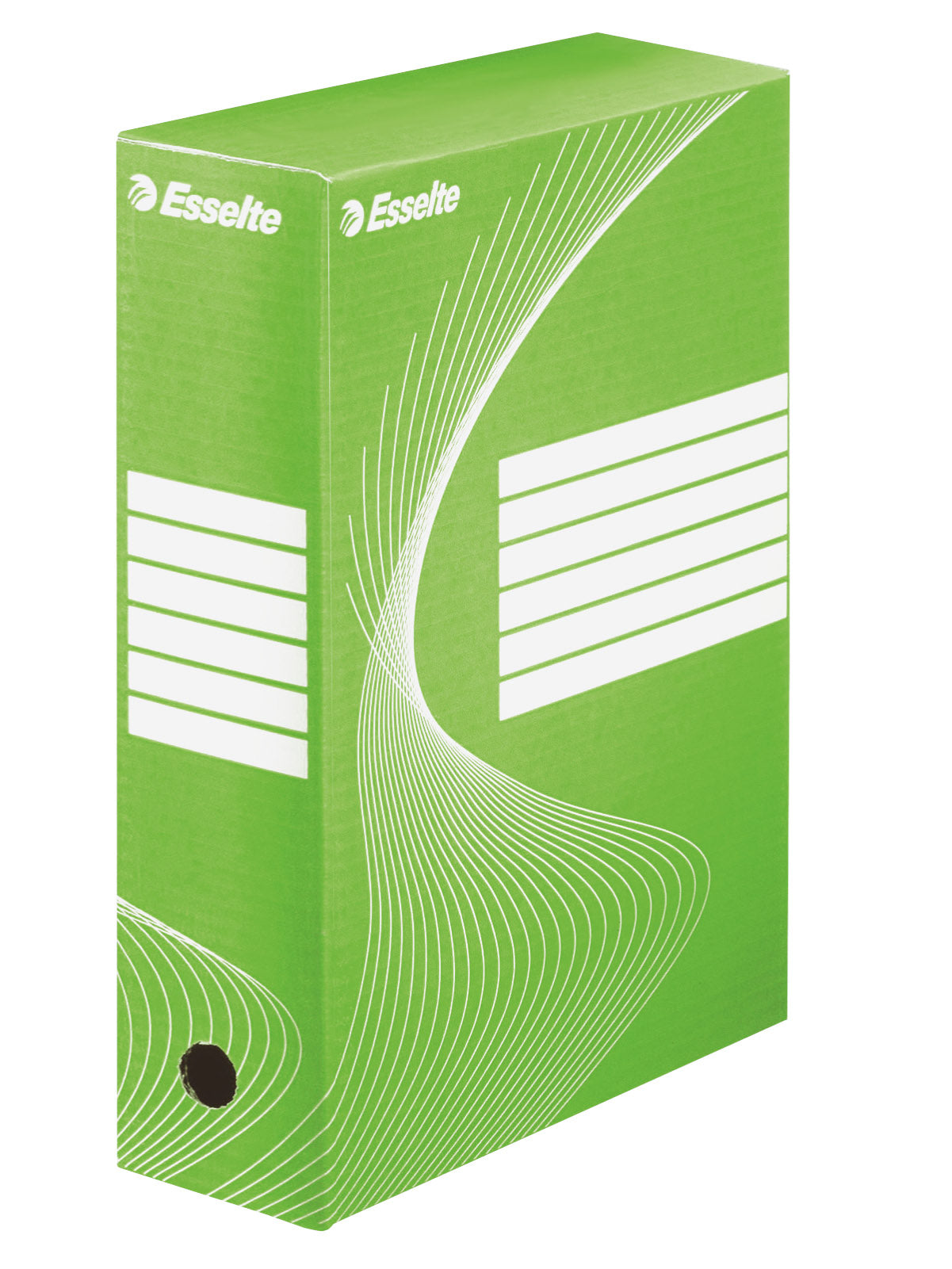 Cutie de arhivare Esselte Boxy verde cu cotor de 100 mm, capacitate 1000 coli, din carton reciclat, perfectă pentru organizarea prin coduri de culori a documentelor