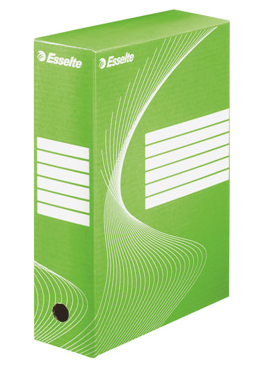 Cutie de arhivare Esselte Boxy verde cu cotor de 100 mm, capacitate 1000 coli, din carton reciclat, perfectă pentru organizarea prin coduri de culori a documentelor