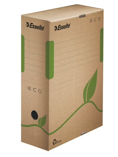 Cutie de arhivare Esselte Eco albă cu cotor de 100 mm, din carton reciclat certificat FSC, ideală pentru organizarea sustenabilă a documentelor A4.